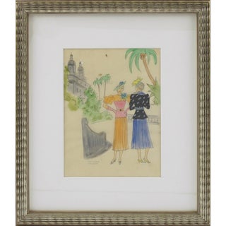 French Fashion Illustration Art Deco Watercolor Drawing by Edouard Halouze For Sale