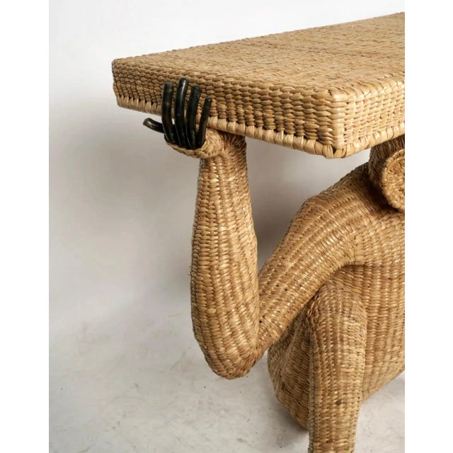 Pair of Mario Lopez Torres Brass and Rattan Monkey Console Tables For Sale - Image 11 of 12