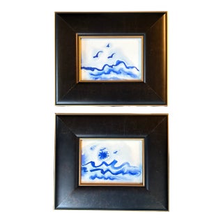 Two Contemporary Original Abstract Landscape Blue Ink Watercolor Paintings - Set of Two For Sale
