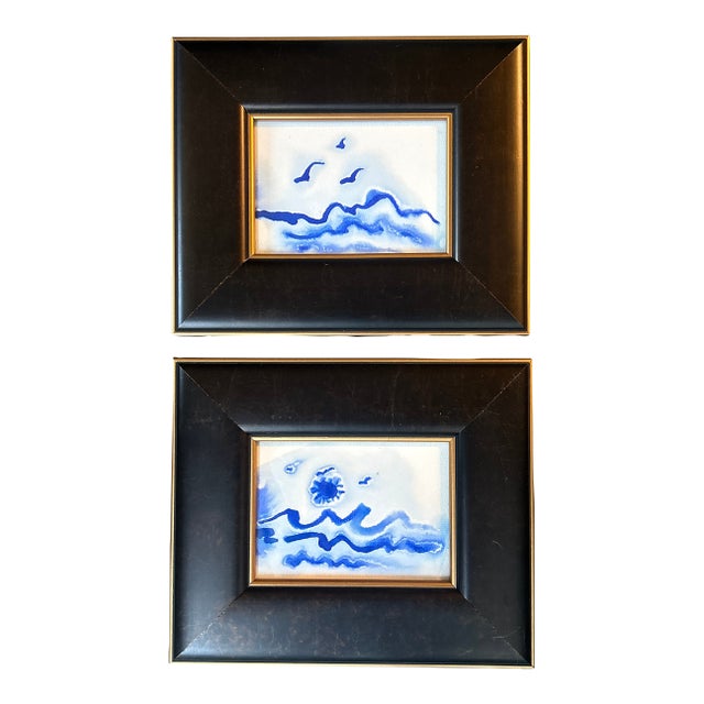 Two Contemporary Original Abstract Landscape Blue Ink Watercolor Paintings - Set of Two For Sale