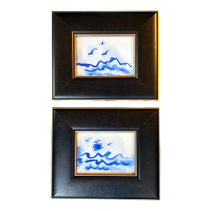 Two Contemporary Original Abstract Landscape Blue Ink Watercolor Paintings - Set of Two