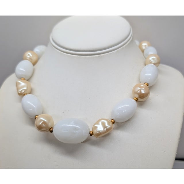 Modern Vintage 1980s Signed Givenchy Goldtone White Beaded Faux-Pearl Necklace For Sale - Image 3 of 9