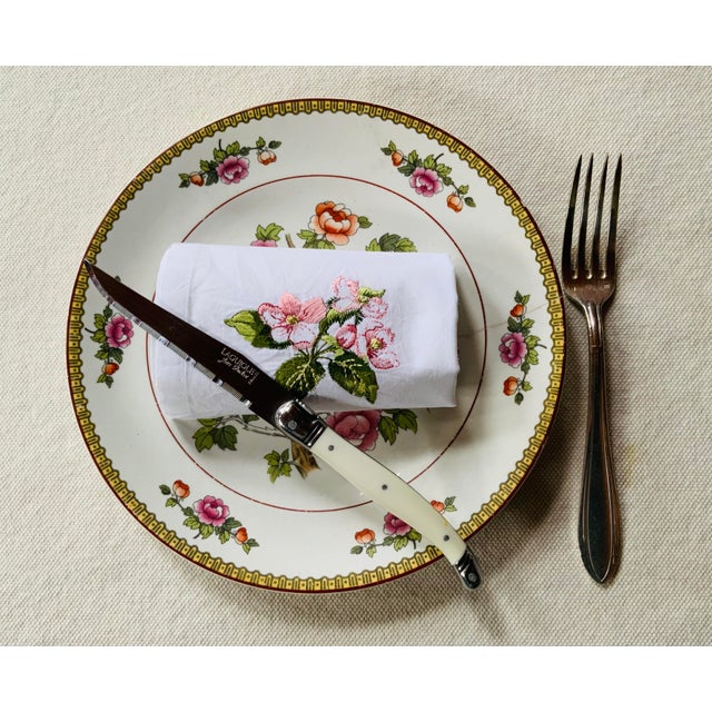 French Cherry Blossom Embroidered Cotton Percale Dinner Napkins | Paris Flea Market Find - Set of Four For Sale - Image 4 of 18