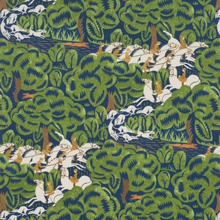 SAMPLE - Schumacher x The New Yorker Margaret Schloeman's Fox Chase Wallpaper In Navy & Green For Sale
