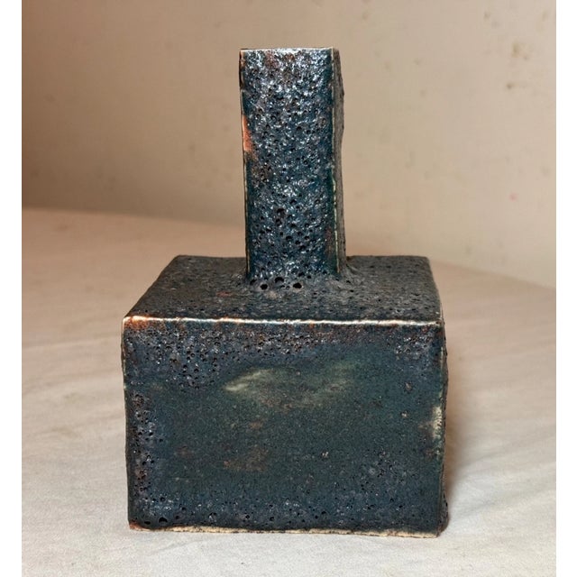 Vintage Original Signed Handmade Brutalist Squared Green Pottery Ceramic Vase For Sale In New York - Image 6 of 11