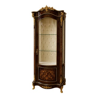 Grand French Louis XV Vitrine Cabinet – Ornate Wood Display Case With Glass, Velvet Interior & Gold Leaf Details For Sale