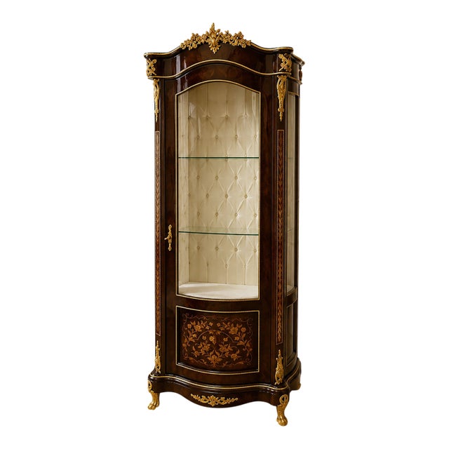 Grand French Louis XV Vitrine Cabinet – Ornate Wood Display Case With Glass, Velvet Interior & Gold Leaf Details For Sale