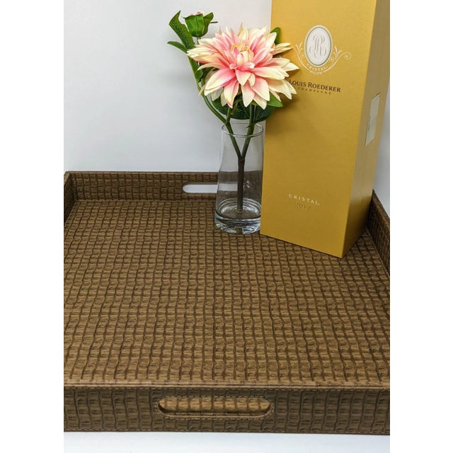 Early 21st Century Regency Milk Chocolate Faux Crocodile Oversized Ottoman 18.5" Square Tray For Sale - Image 5 of 9