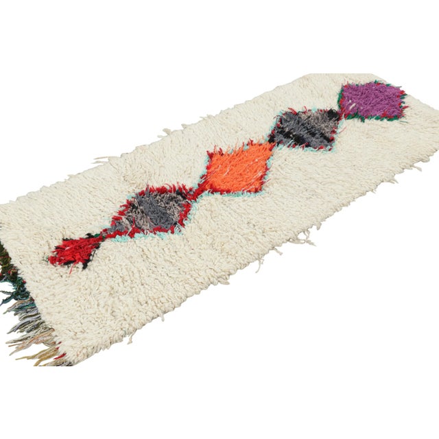 Rug & Kilim Vintage Moroccan Runner Rug in White With Multicolor Lozenges | Rug & Kilim For Sale - Image 4 of 7