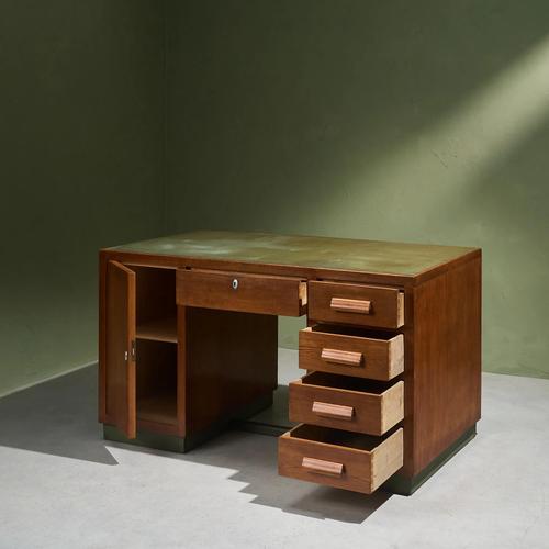 Desk in Oak with Green Linoleum Top and Base, Italy For Sale - Image 4 of 9