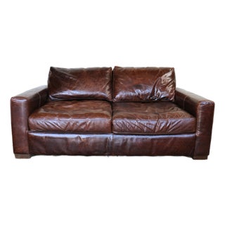 Restoration Hardware Brown Leather Two-Seat Sofa With Rich Patina For Sale
