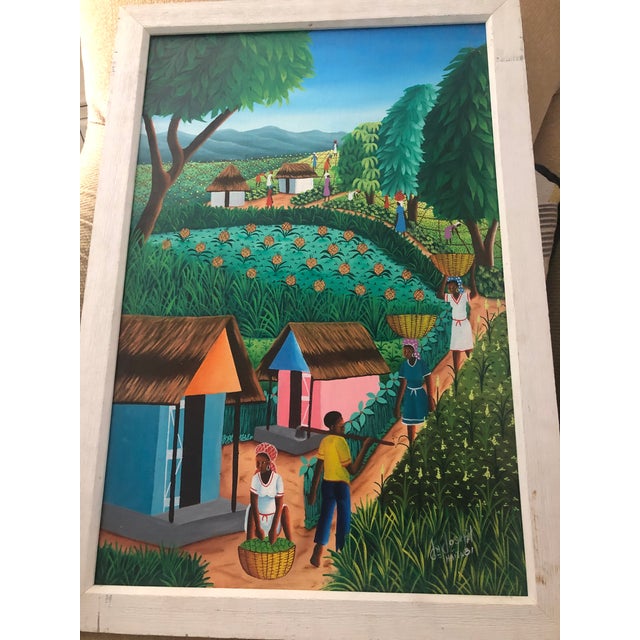 This vibrant Original 1980s Haiti Folk Art Oil Painting is guaranteed to make a positive impression in your contemporary...
