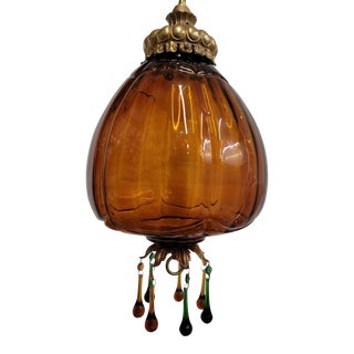 Vintage 1970s Boho Chic Amber Glass Swag Hanging Lamp For Sale