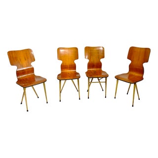 Curved Wooden Chairs with Brass Legs, 1970, Set of 4 For Sale