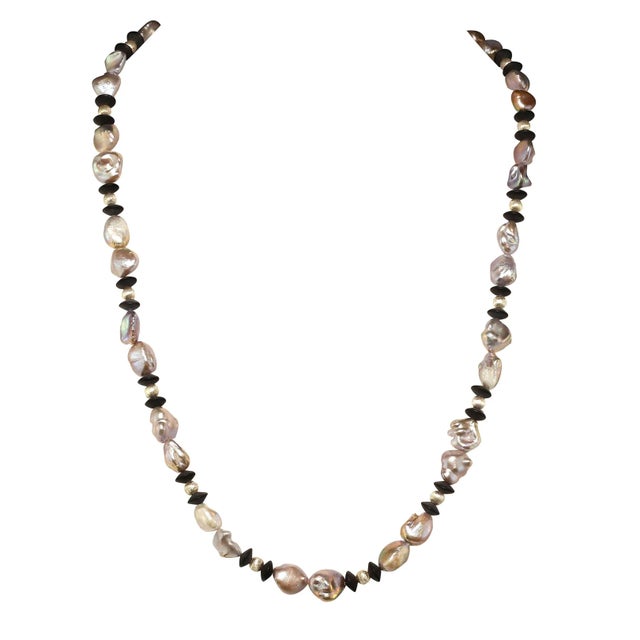 2020s Long and Silvery Pearls and Black Onyx Necklace For Sale - Image 5 of 11