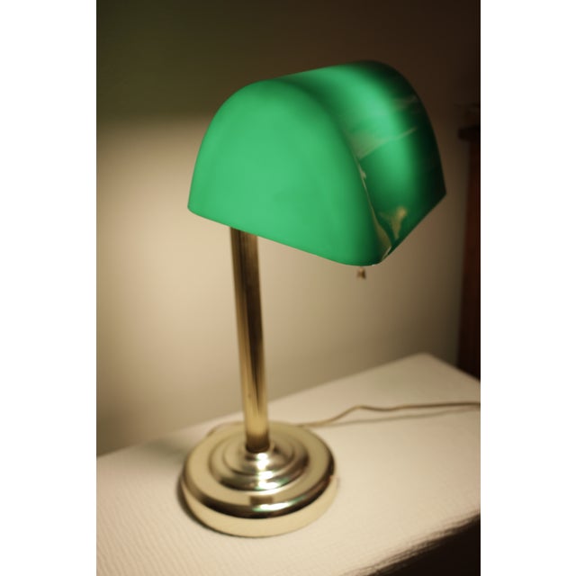 Victorian Vintage Ministerial Art Deco Style Brass Banker's Desk Lamp With Emerald Green Shade For Sale - Image 3 of 15