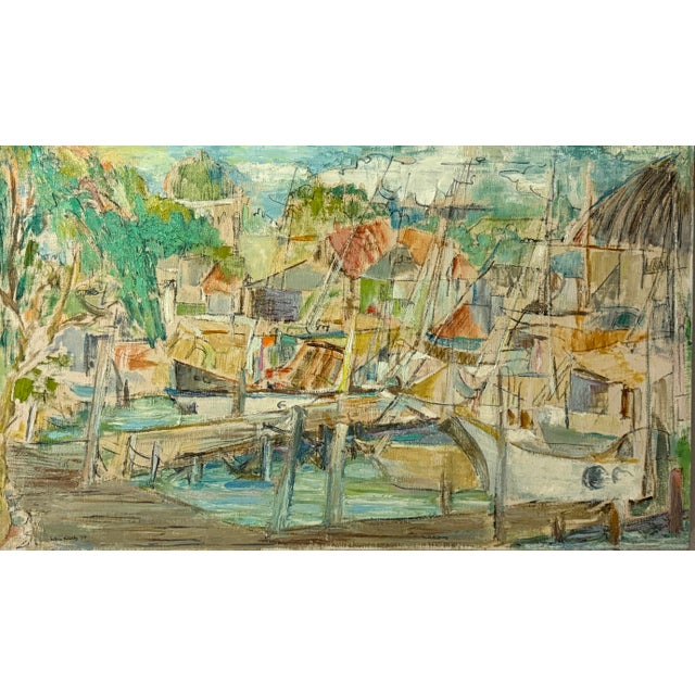 Vintage Boat Harbor Marina Painting Helen Silesky 1959 Boats in Florida Marina Cubist Mid Century Modern For Sale - Image 4 of 12