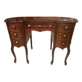 Antique Kidney Shaped French Provincial Writing Desk With Inlay Florals For Sale