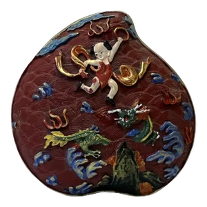 Chinese MIX Color Red Resin Lacquer Peach Shape Box Display Art