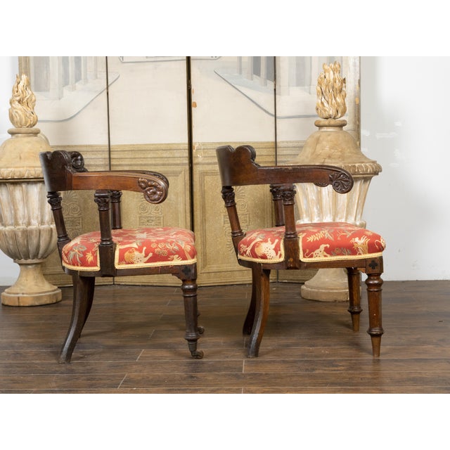 Pair of 19th Century English Regency Style Carved Oak Klismos Chairs with Horseshoe Backs For Sale - Image 9 of 12
