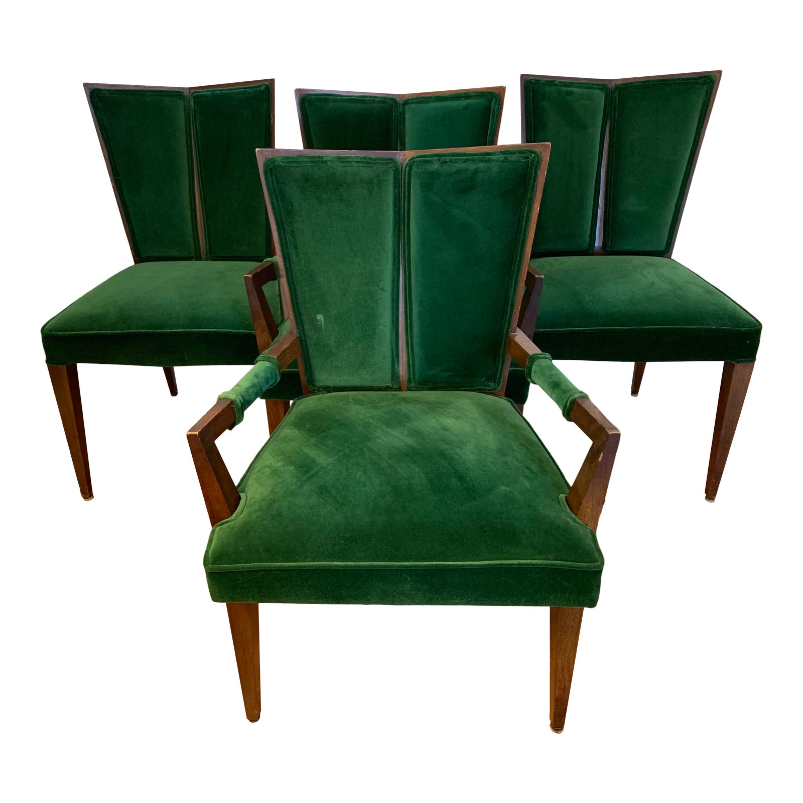 Mid Century Modern Wood Green Velvet Dining Chairs-Set of 4 | Chairish