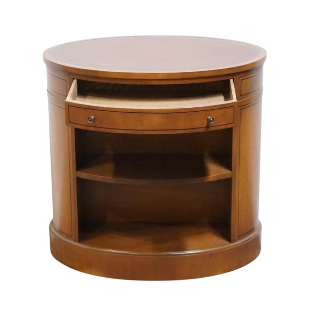 Late 20th Century Baker Furniture Solid Mahogany Traditional Style 26" Oval Accent Bookcase End Table W. Tooled Leather Top For Sale - Image 5 of 12