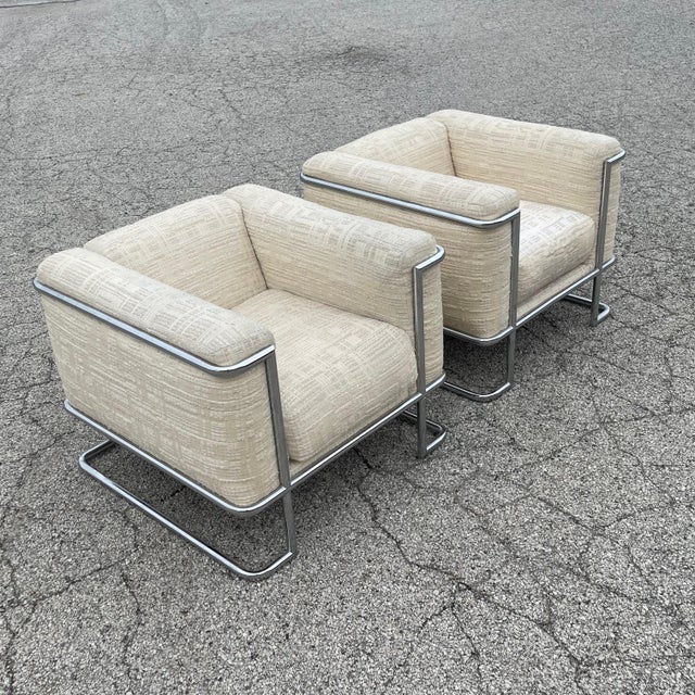This strikingly handsome and quite rare cube lounge chairs designed by John Mascheroni for Swaim Originals have external...