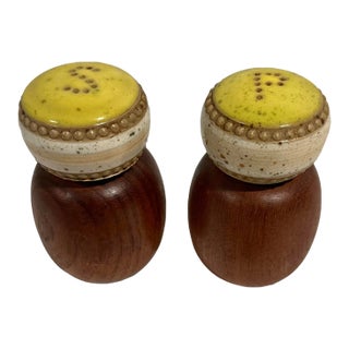 Mid-Century Danish Teak Salt and Pepper Shakers With Ceramic Tops-A Pair For Sale