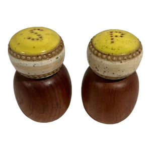 Mid-Century Danish Teak Salt and Pepper Shakers With Ceramic Tops-A Pair