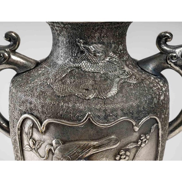 Asian Silvered Metal Vases, Set of 2 For Sale - Image 11 of 14