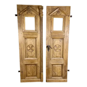 Antique Hand Honed and Carved Wood & Forged Iron Church Doors—A Pair