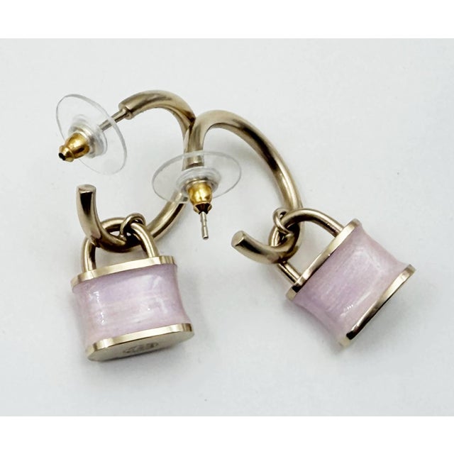 Contemporary Chanel Gold CC Pink Lock Hoop Earrings, A Pair For Sale - Image 3 of 5