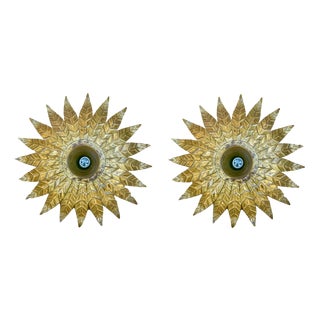 Mid-Century Spanish Sunburst Ceiling Light Fixtures or Wall Sconces in Gilded Wrought Iron, 1960s, Set of 2 For Sale