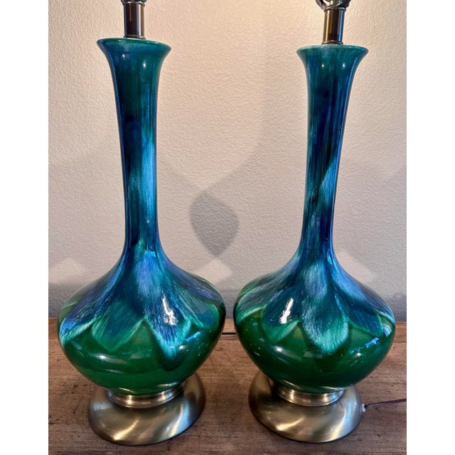 Vintage 1960s Ceramic Drip Glazed Green Blue Brass Table Lamps - a Pair For Sale - Image 9 of 12