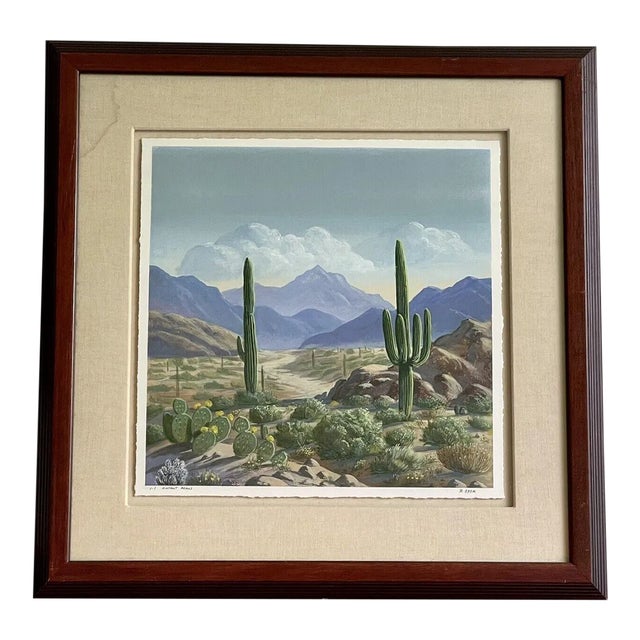 Desert Landscape with Mountains and Cacti Fine Art Monoprint “Distant Peaks” by R. Dyer For Sale
