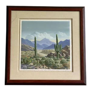 Desert Landscape with Mountains and Cacti Fine Art Monoprint “Distant Peaks” by R. Dyer