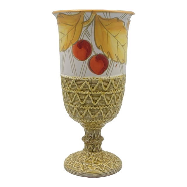 1960s Fratelli Fanciullacci Italian Pottery Footed Vase With Textured Bottom and Cherry Motif Made in Italy For Sale