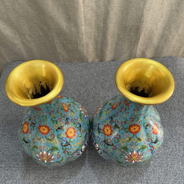 Art Deco Pair of Large Vintage Turquoise Cloisonné Enamel Lotus Vases For Sale - Image 3 of 6