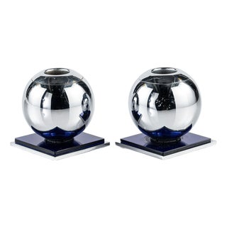 Art Deco Chrome and Cobalt Blue Candleholders by Walter Von Nessen for Chase, 1930s For Sale