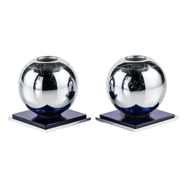 Art Deco Chrome and Cobalt Blue Candleholders by Walter Von Nessen for Chase, 1930s For Sale