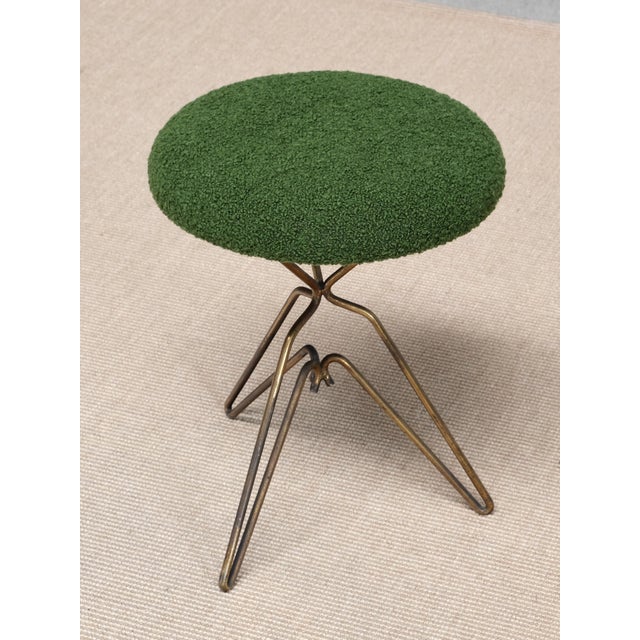 Mid-Century Modern Italian Modern Sculptural Tripod Brass Stools in Green Bouclé, 1950s, Set of 2 For Sale - Image 3 of 11