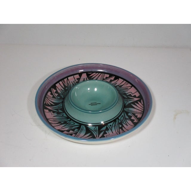 This is a Navajo pottery chips and dip serving bowl. It is artist signed, KNHO Navajo USA. The Native American bowl is...