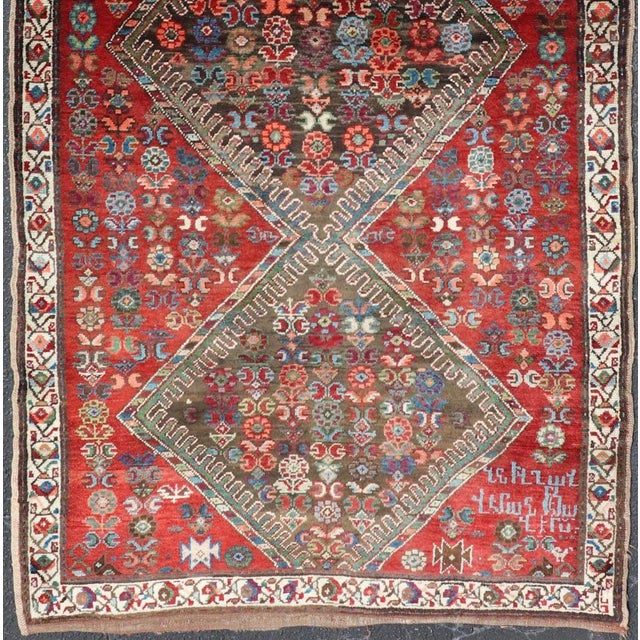 Antique Caucasian Karabagh Runner With Bold Diamond Medallion on Rich Red Field 3'9 X 8'9 For Sale - Image 4 of 13