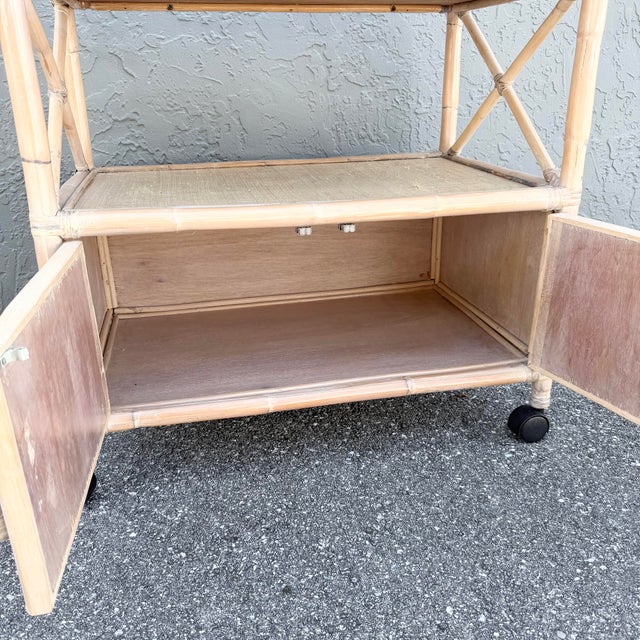 Mid 20th Century Boho Chic White Washed Bamboo Reed and Grass Cloth Bar Cart For Sale - Image 5 of 9