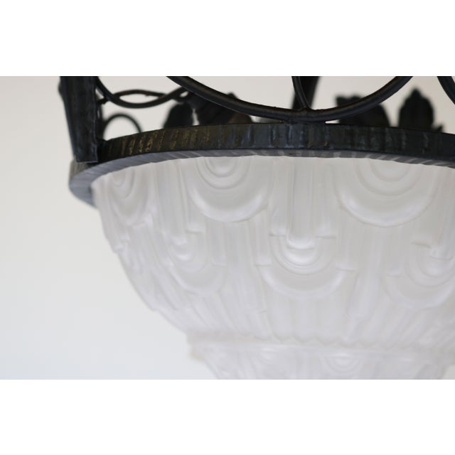 Antique French Art Deco Geometric Wrought Iron and Frosted Glass Chandelier, 1930 For Sale - Image 10 of 15