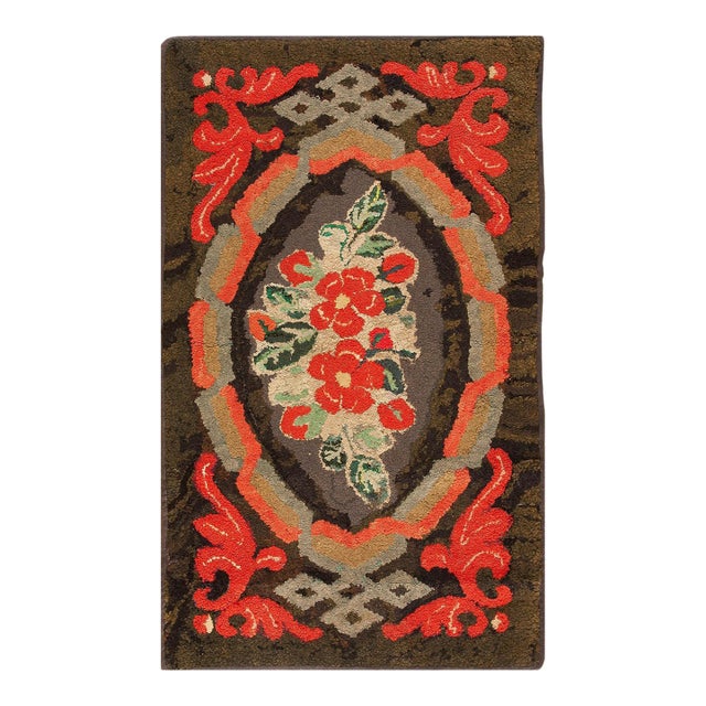 1920s Brown Floral Folk Art Antique American Hooked Rug 2'5" X 4'2" Handknotted Wool Carpet For Sale
