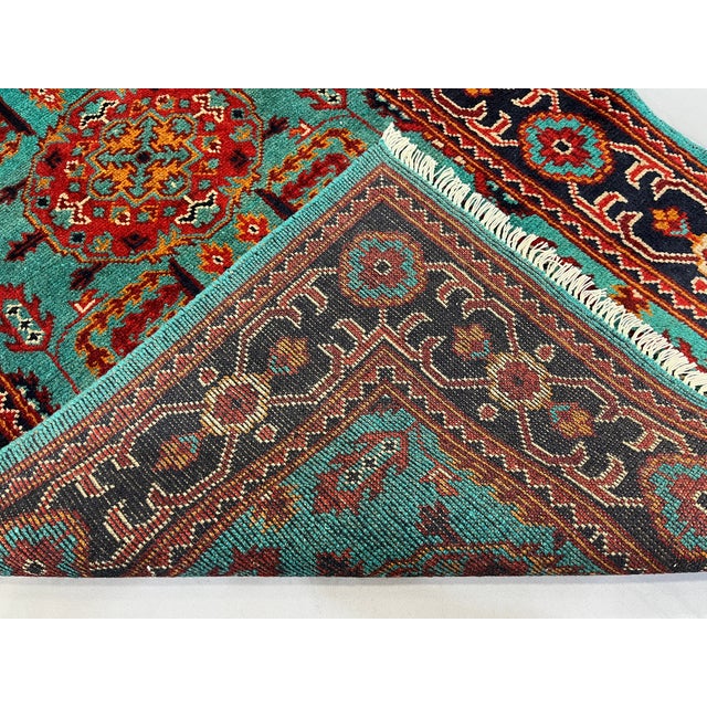 Turquoise Floral Geometric Tribal Wool Runner, 2'9" X 6'7" For Sale - Image 9 of 13