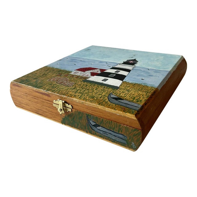 Coastal Chic Hand Painted Lighthouse Cigar Box, Signed by Artist For Sale