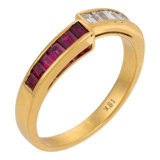 Vintage Ruby Diamond 18k Yellow Gold Bypass Ring, Size 6.75 For Sale