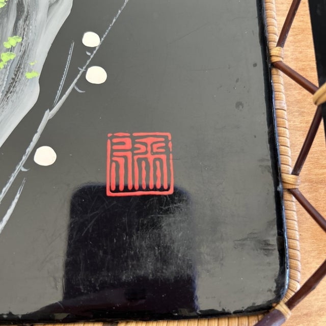 Wood Pair Vintage Japanese Lacquer Trays 12" & 13" MOP Plum Blossom Bamboo Frame For Sale - Image 7 of 10